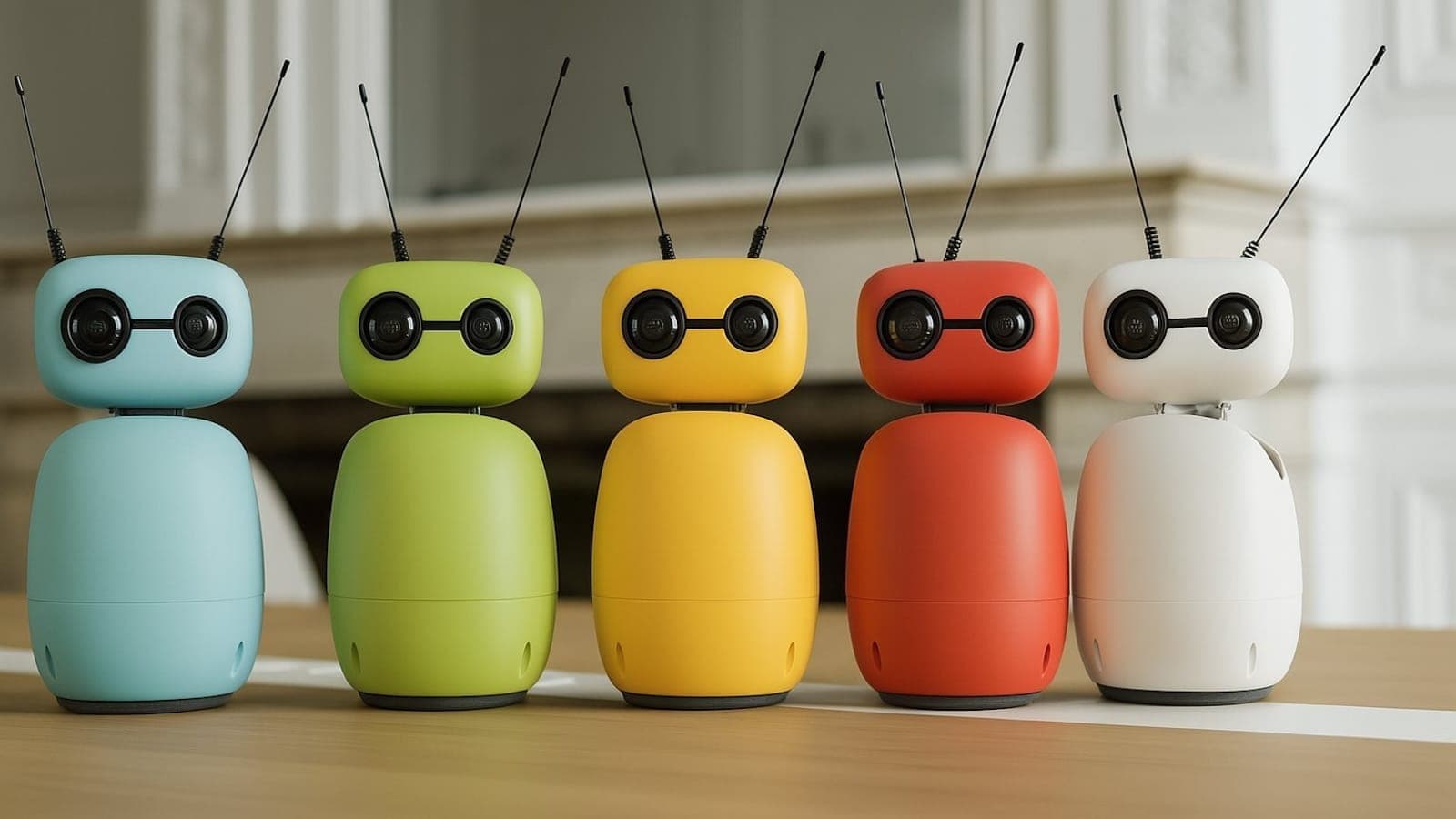 Five Reachy Mini units in different colorways lined up on a table