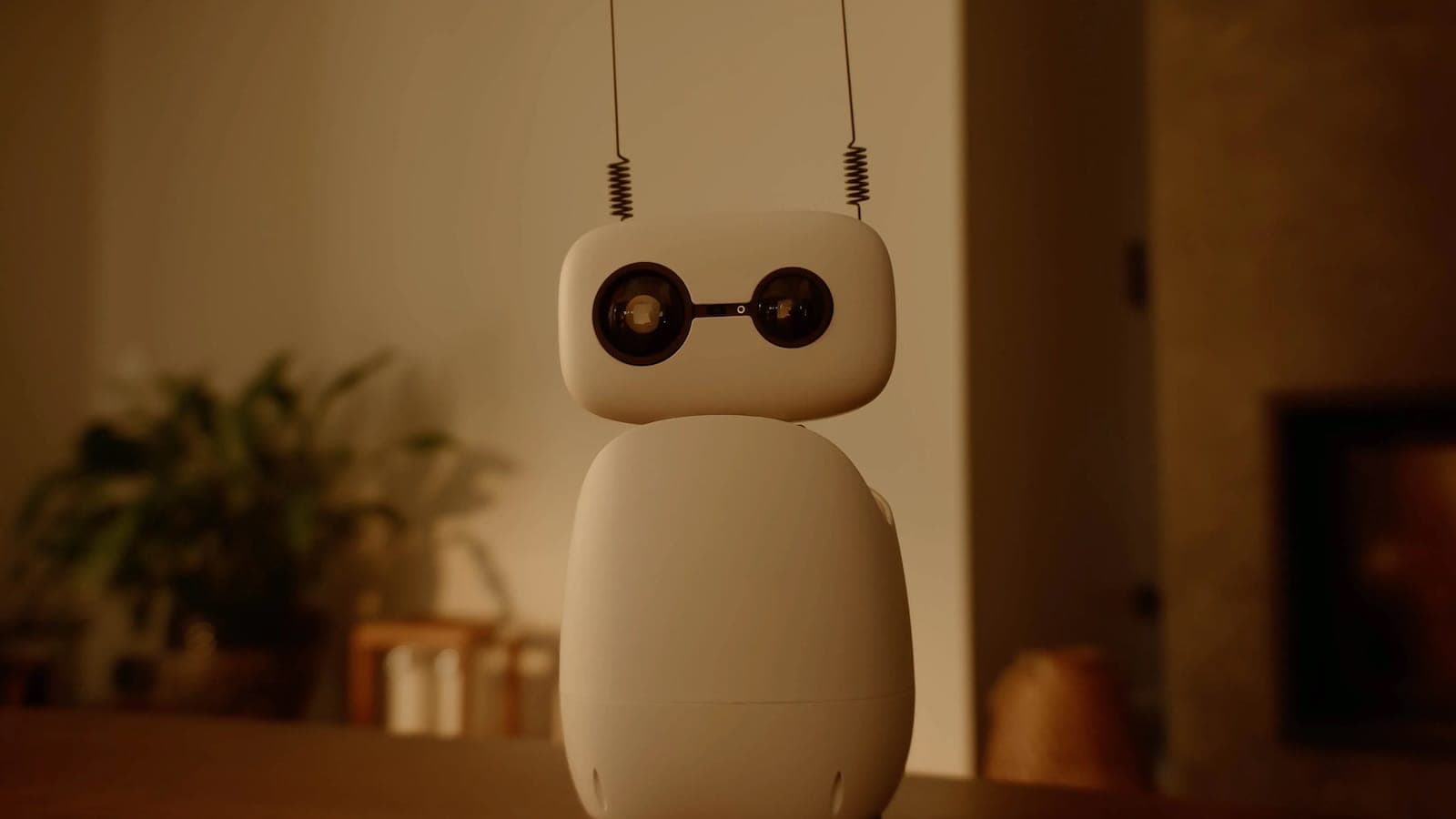 Close-up of Reachy Mini's head and antennae in warm low light