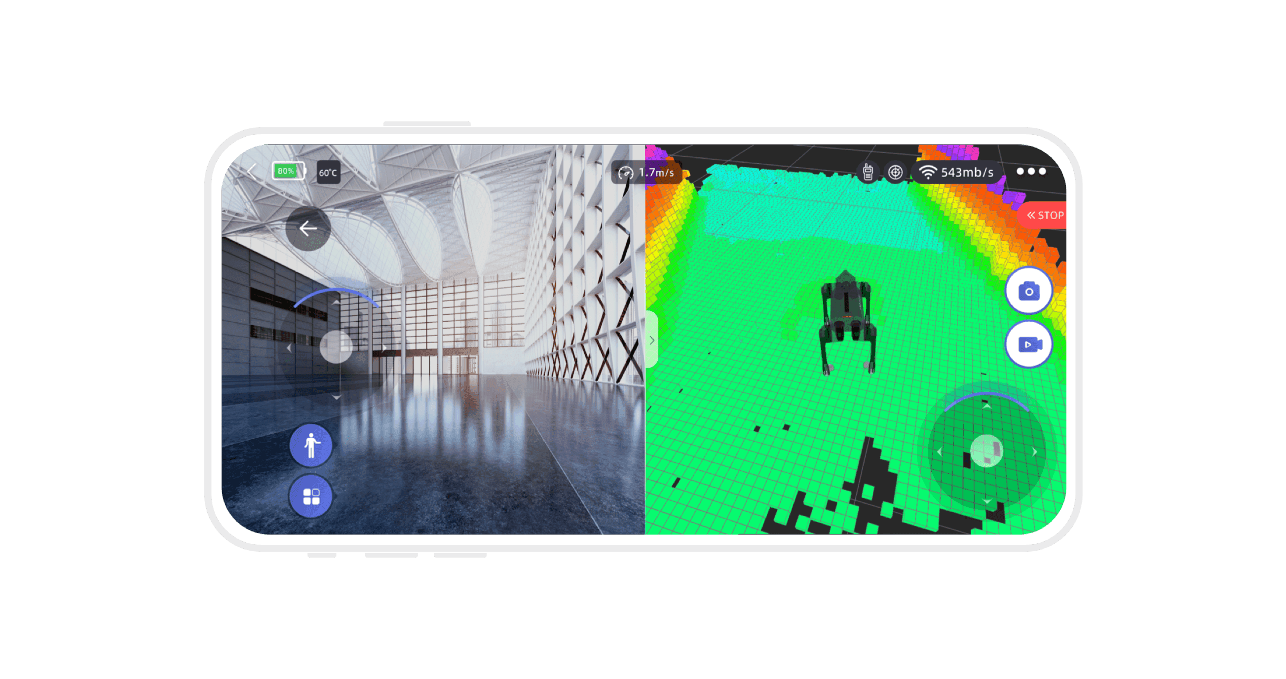 Operator app showing the Go2 Pro live camera feed alongside a 3D LiDAR map